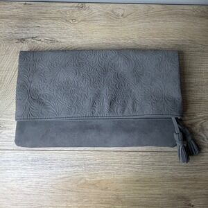ION Color Brilliance Majestic Gray Embossed Foldover Clutch Tassel Purse Bag